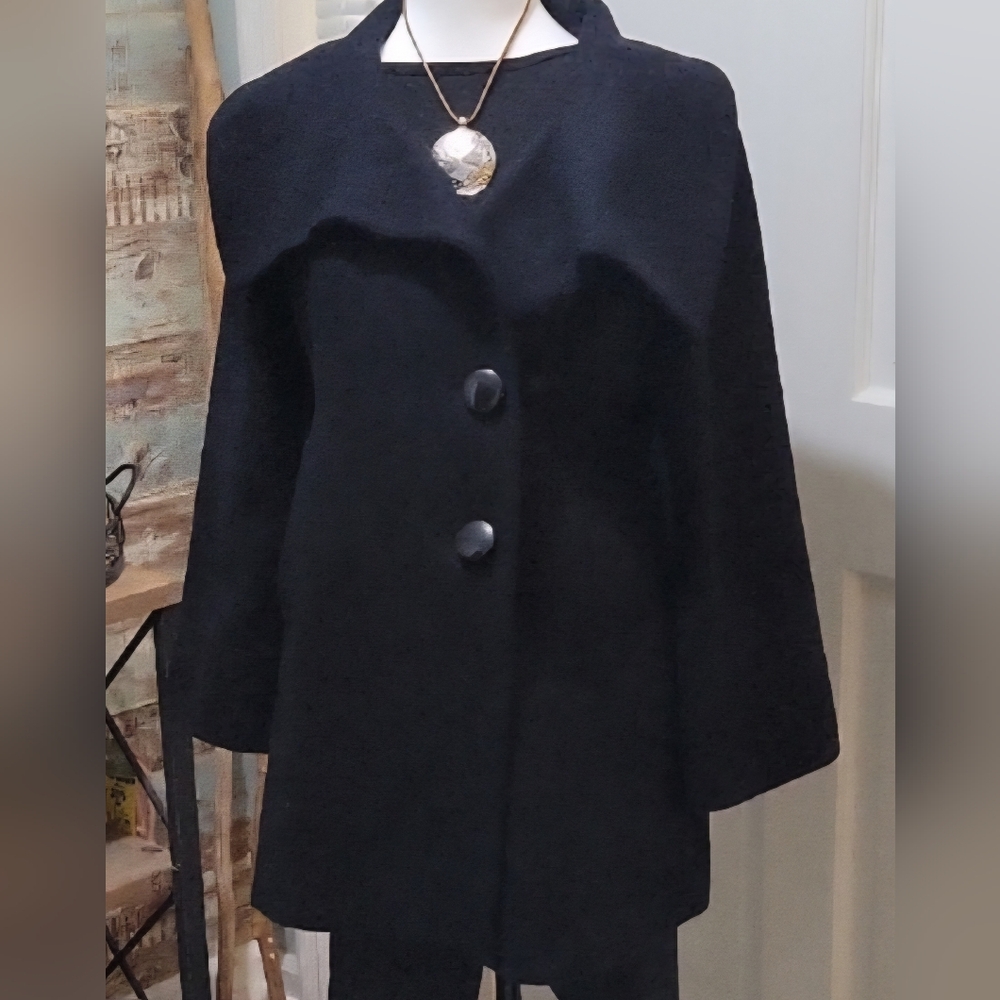 Kenar Long Wool Blend Cloak, Pea Coat, Womens M Black, Classic, Vintage